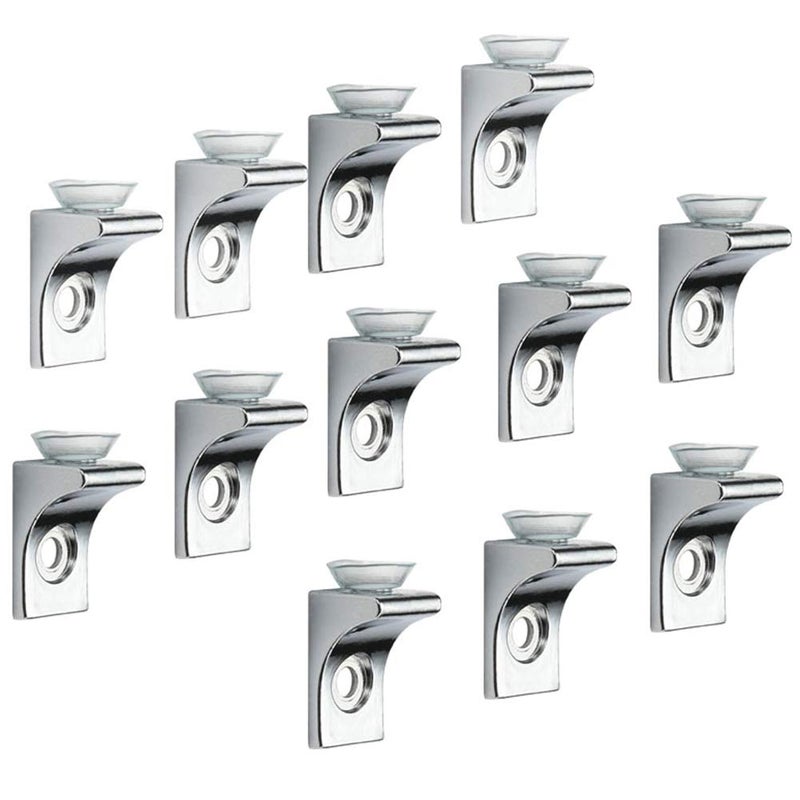 Tiberham Glass Shelf Bracket, Tiberham 12 Pcs Zinc Alloy Polished Chrome Right Angle Shelf Support Fixing Clip with Suction Cup Base, Wall Mounted Glass Support Pegs Corner Brace Board Holder - Image 1